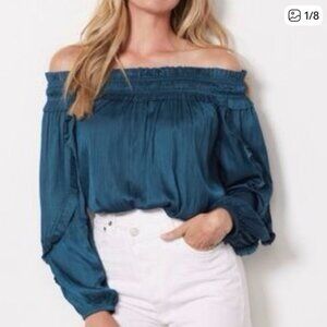 Evereve Teal Amari Off Shoulder Long-Sleeve Top - XS